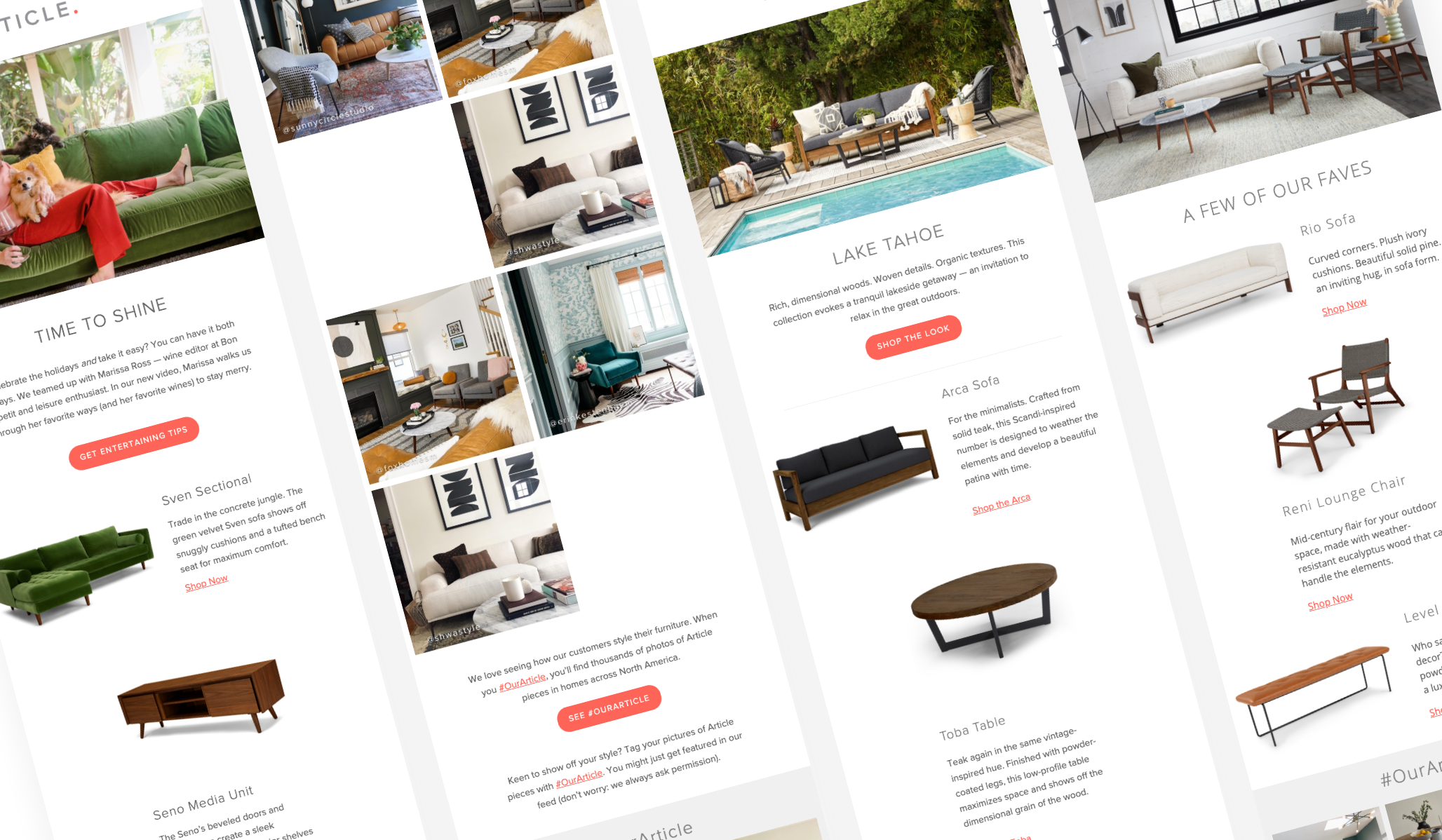 Eight Article furniture emails from the Iterable master template: welcome, editorial, product and sale sends
