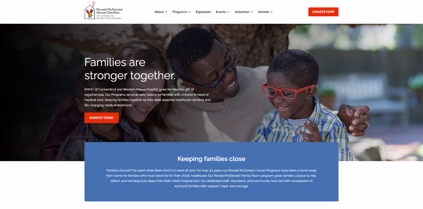 screenshot of the hero image and message of nonprofit website RMHC of Connecticut and Western Massachusetts