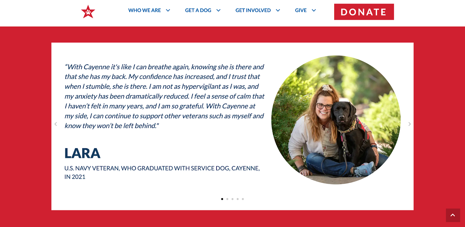 screenshot of a testimonial features on the homepage of Freedom Service Dogs of America