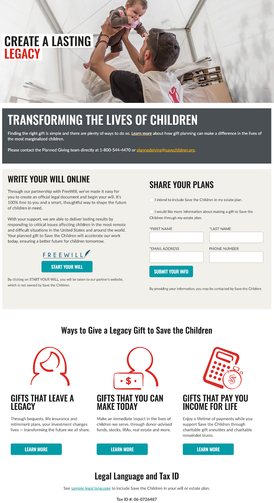 screenshot of nonprofit Save the Children's legacy giving page featuring a photo of a smiling toddler, a simple contact form, and links to options for providing a legacy gift