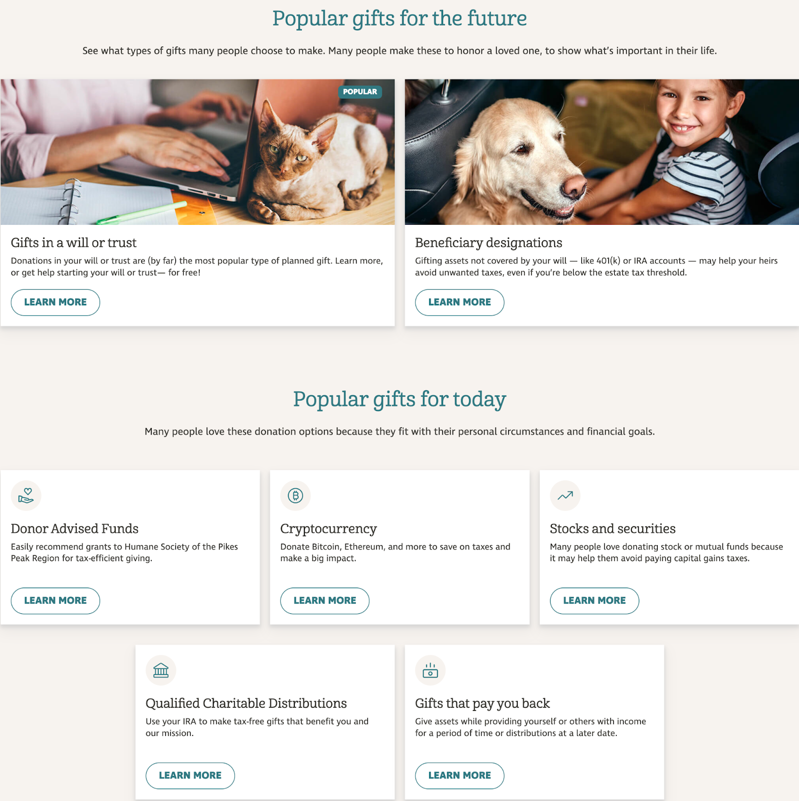 screenshot of the "popular gifts" sections on the Humane Society of Pikes Park Region's charitable giving microsite