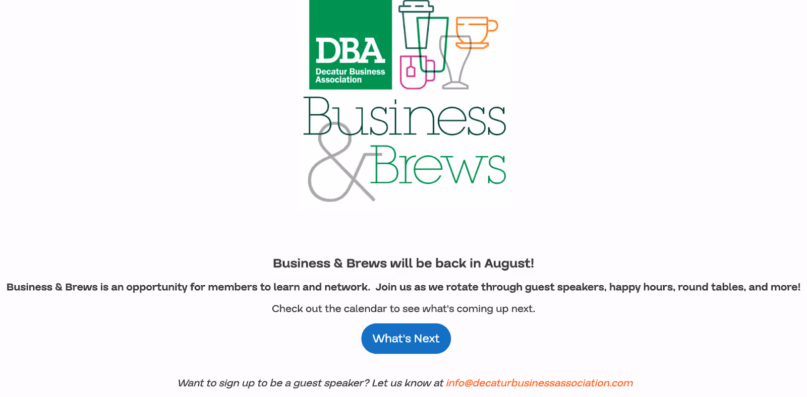 screenshot of Decatur Business Association's invitation to join their Business & Brews networking events in Atlanta