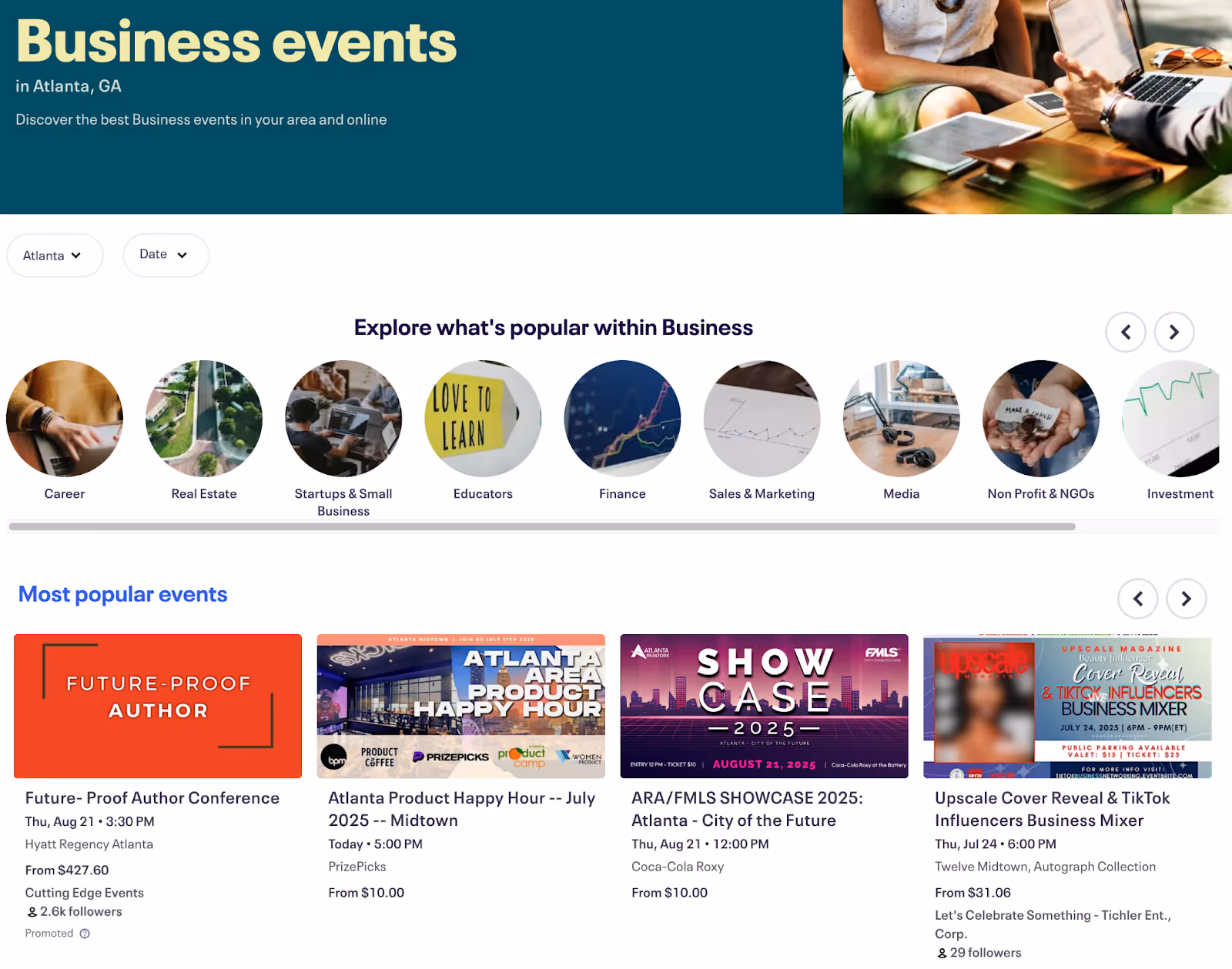screenshot of Eventbrite's Atlanta business category page featuring local networking events