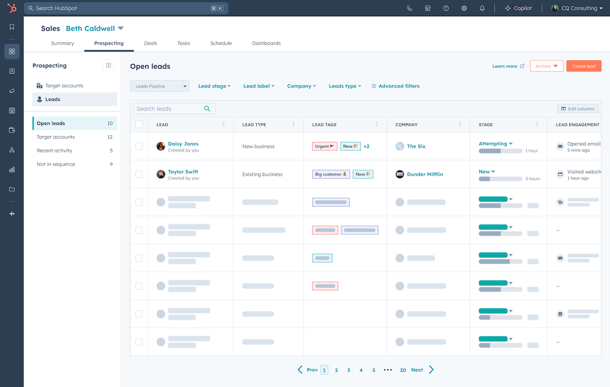 lead management dashboard from HubSpot showing what the "Open Leads" page looks like