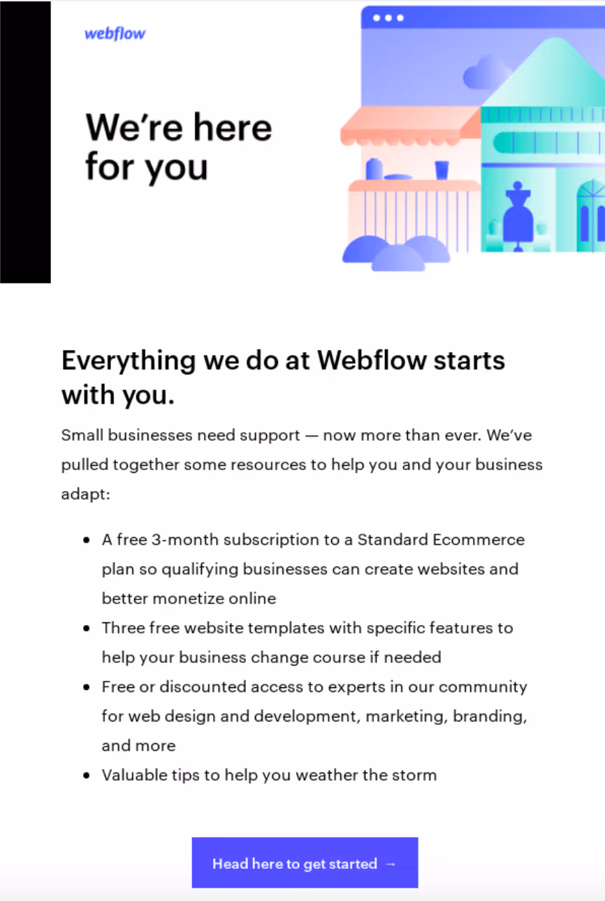 screenshot of a lead nurturing email from Webflow