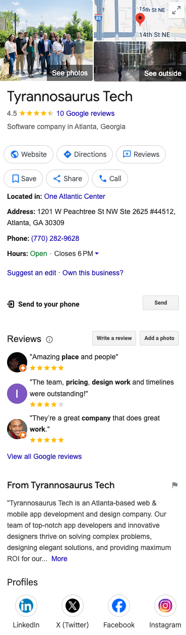 screenshot of Atlanta-based tech company Tyrannosaurus Tech's optimized Google Business Profile