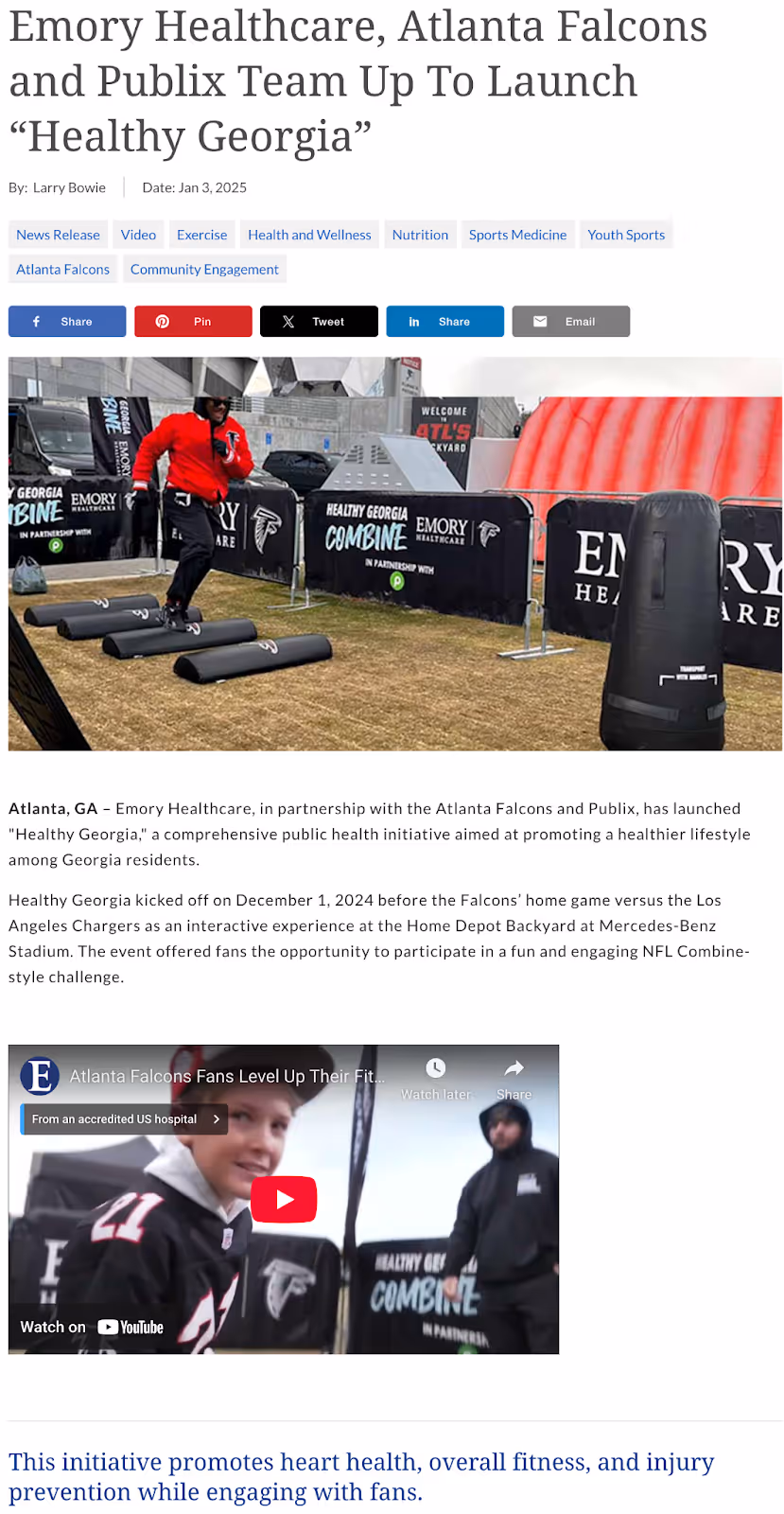 screenshot of a news article about the "Healthy Georgia" initiative promoting health and fitness