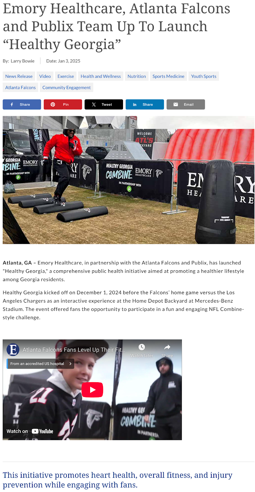 screenshot of a news article about the "Healthy Georgia" initiative promoting health and fitness