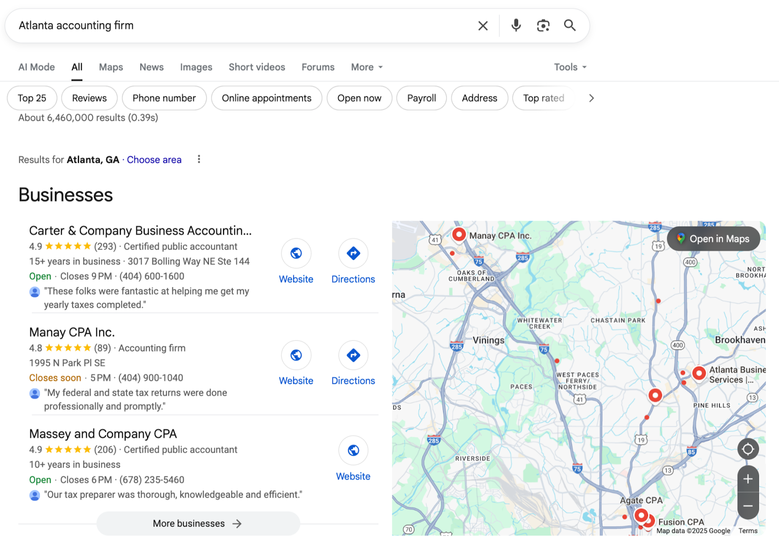 screenshot of Google's local map pack when you google "Atlanta accounting firm"