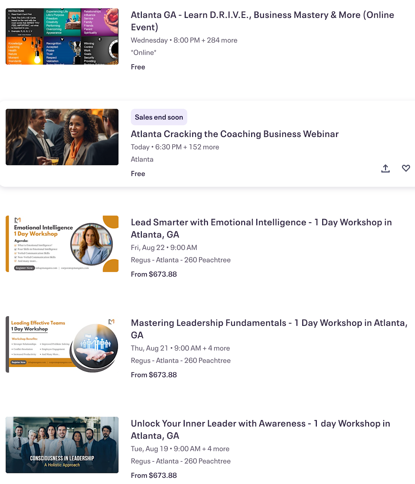 screenshot of upcoming Atlanta-based business webinars available via Eventbrite