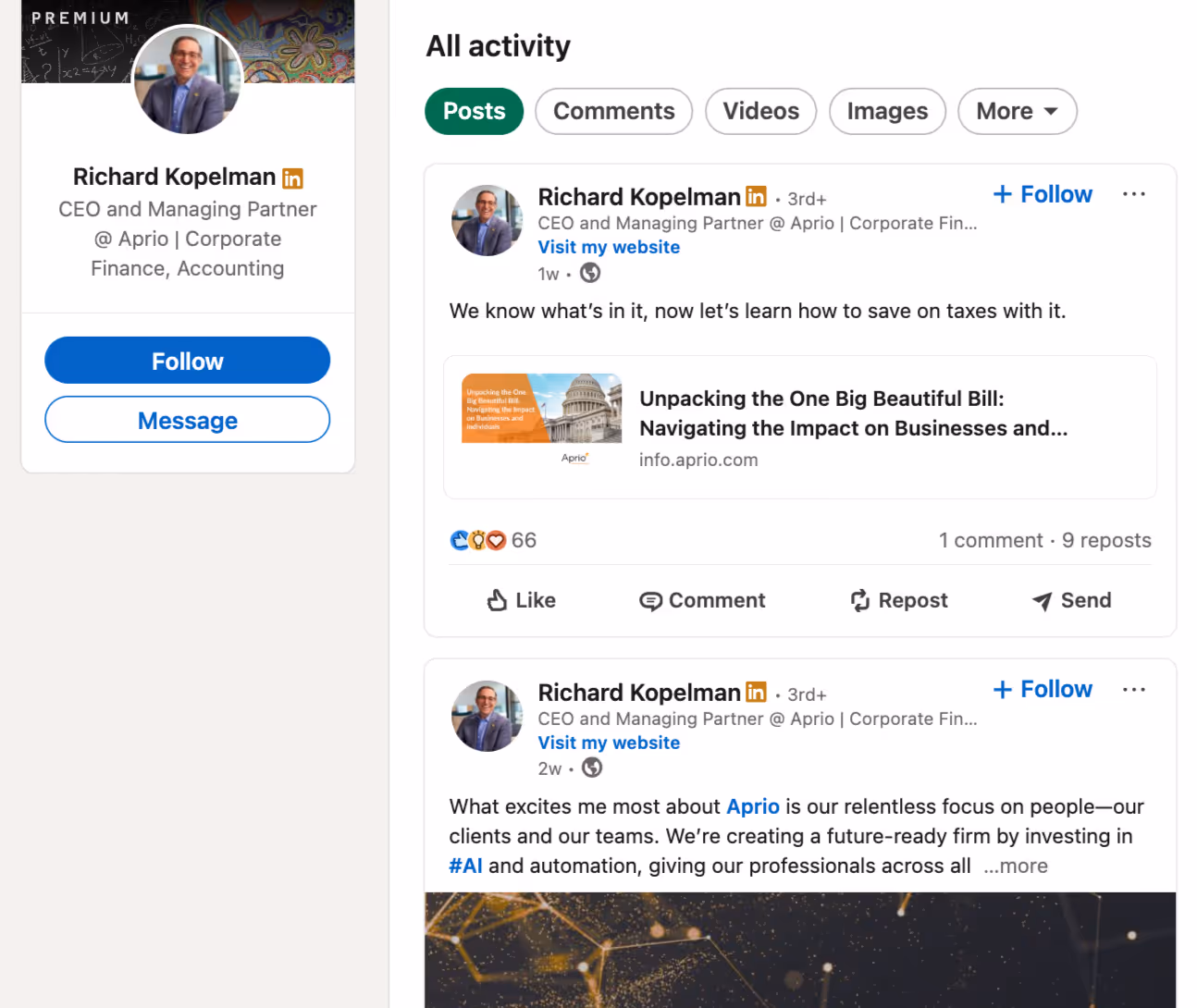 screenshot of CEO of Aprio Richard Kopelman's LinkedIn activity