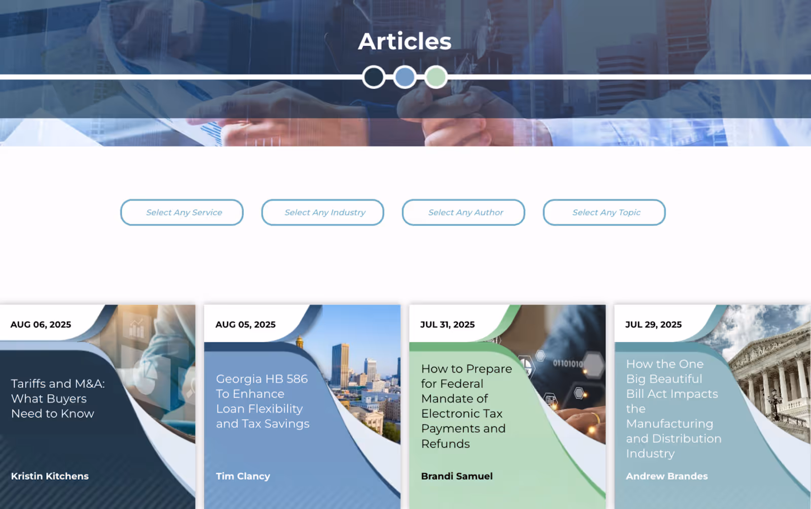 screenshot of the "Articles" section of professional services firm Windham Brannon's website