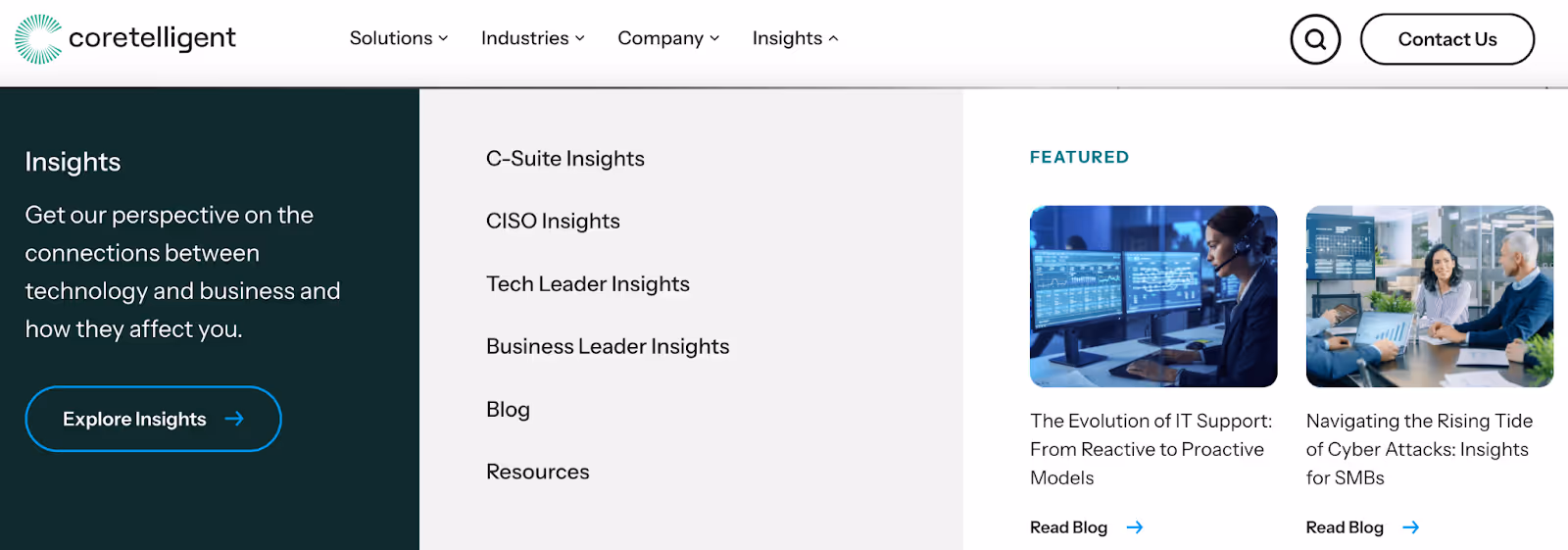 screenshot of the "Insights" section of IT services provider Coretelligent's website navigation menu