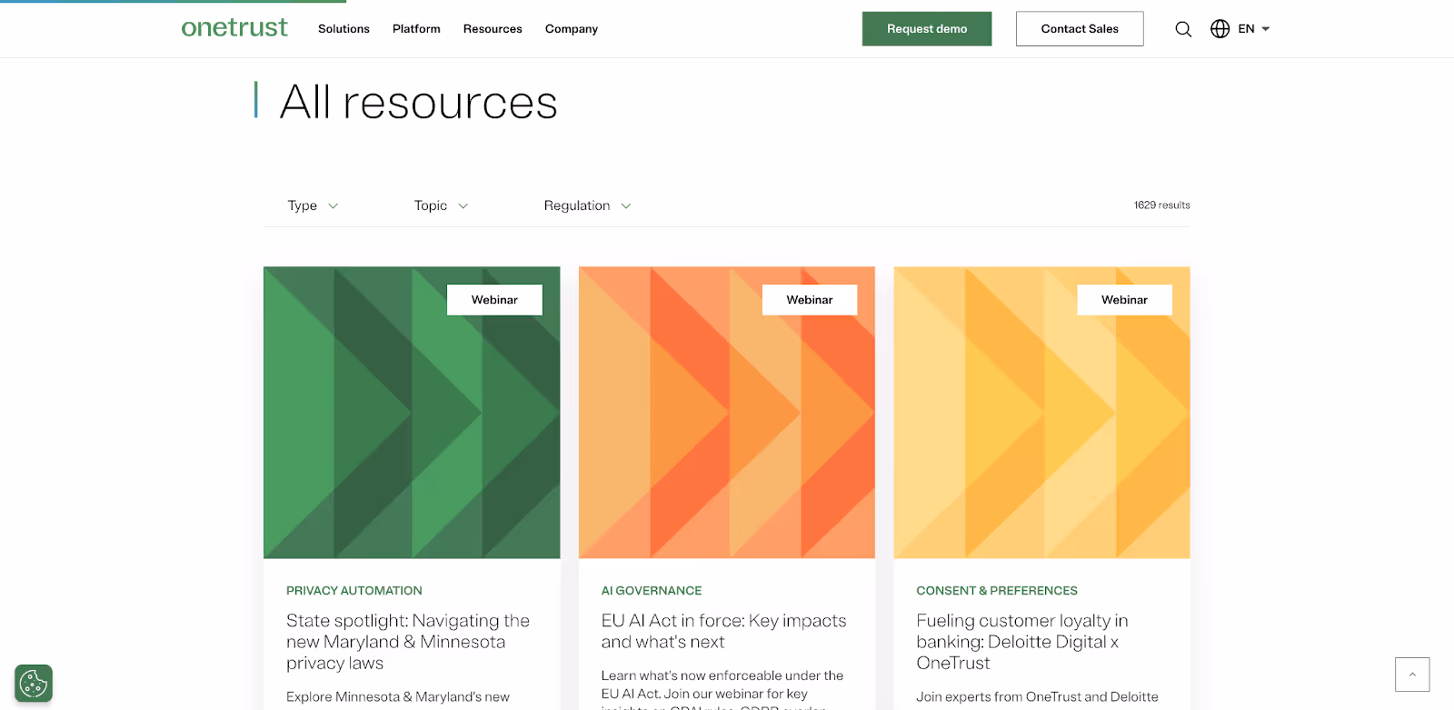 screenshot of the "All Resources" section of Atlanta B2B company OneTrust's website