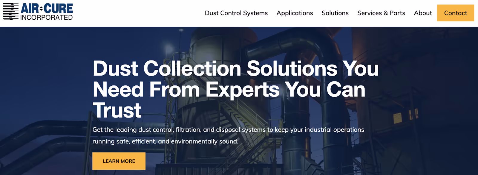 value proposition on the home page of Air Cure Incorporated, a B2B dust control systems company for industrial operations