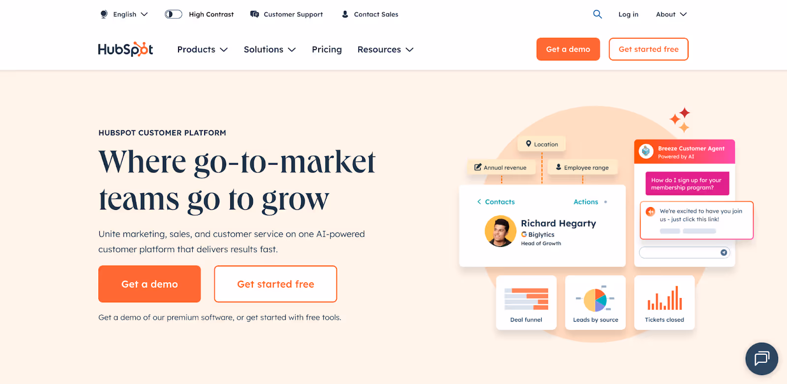 homepage of B2B company HubSpot showing accessibility features like a high contrast option