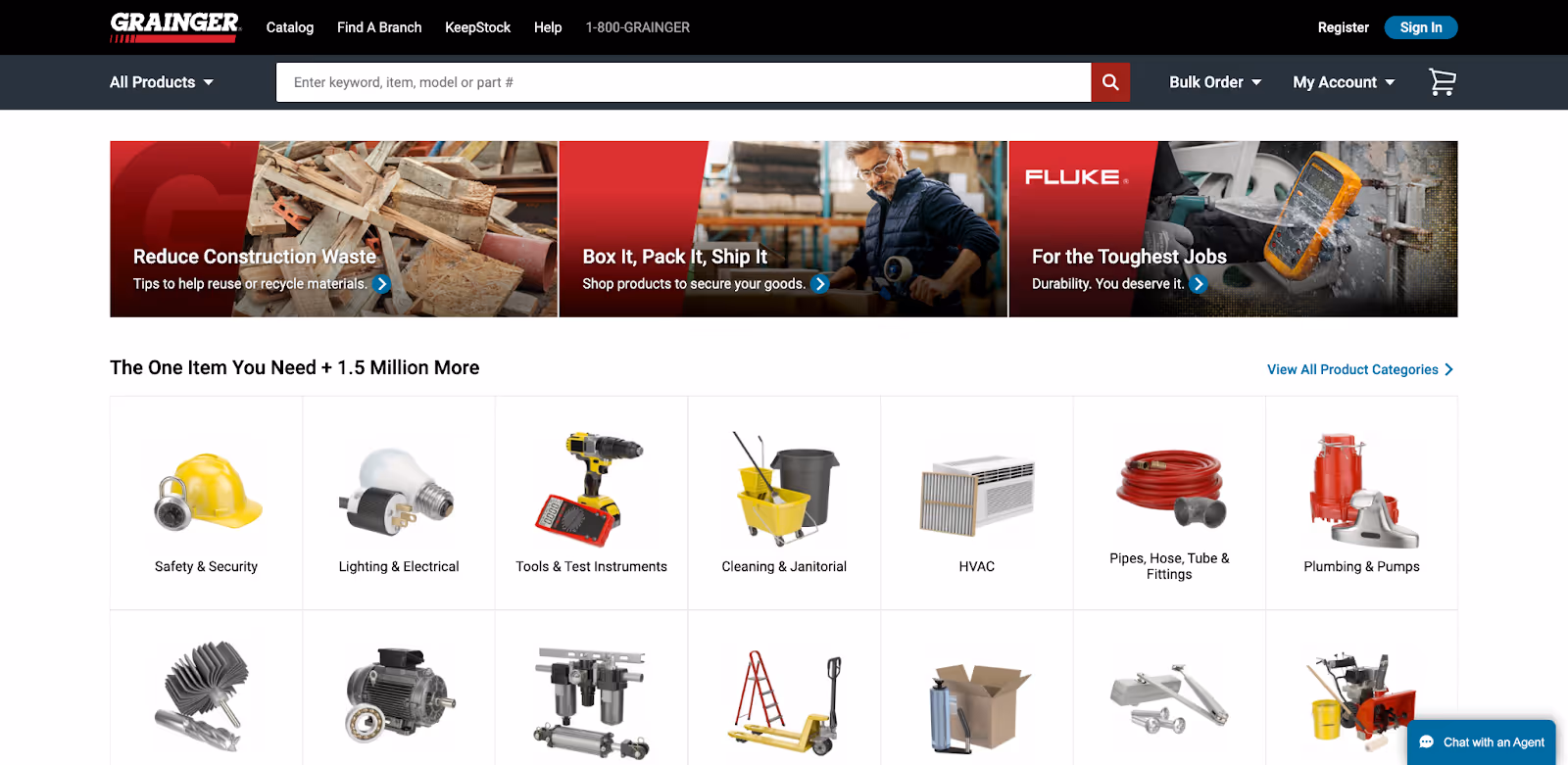 homepage of B2B company Grainger