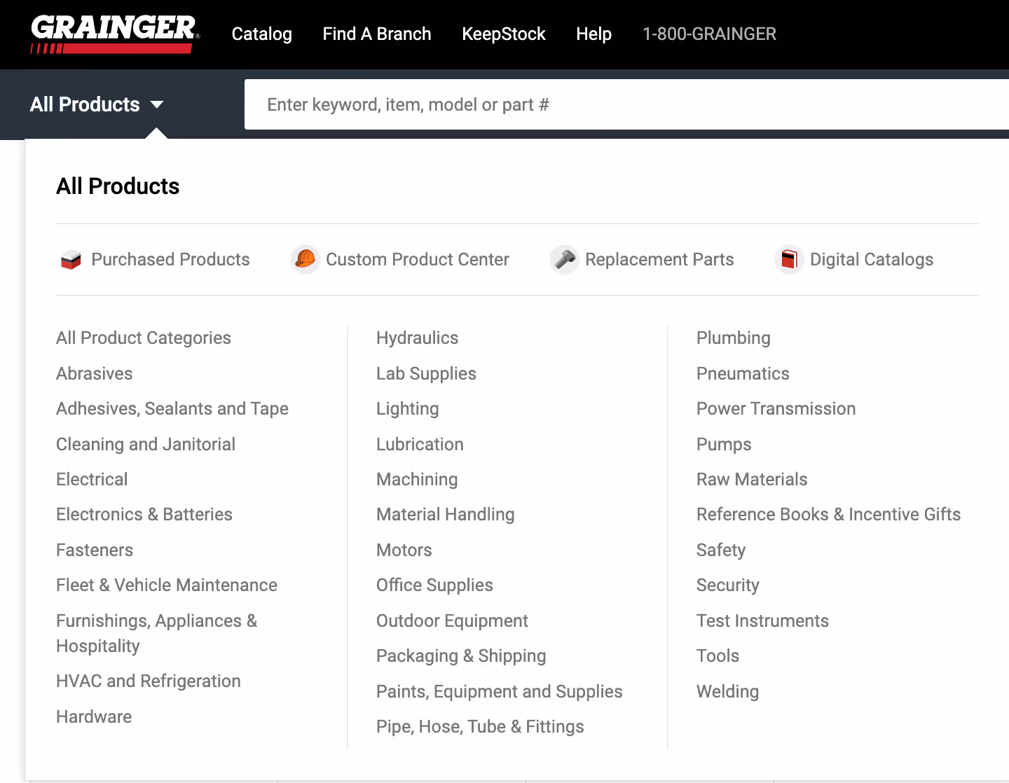 expanded "All Products" menu at Grainger.com