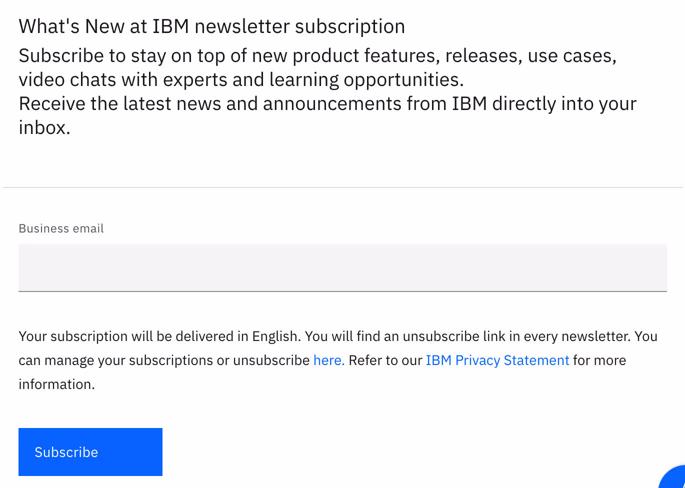 screenshot of IBM's newsletter subscription sign-up form