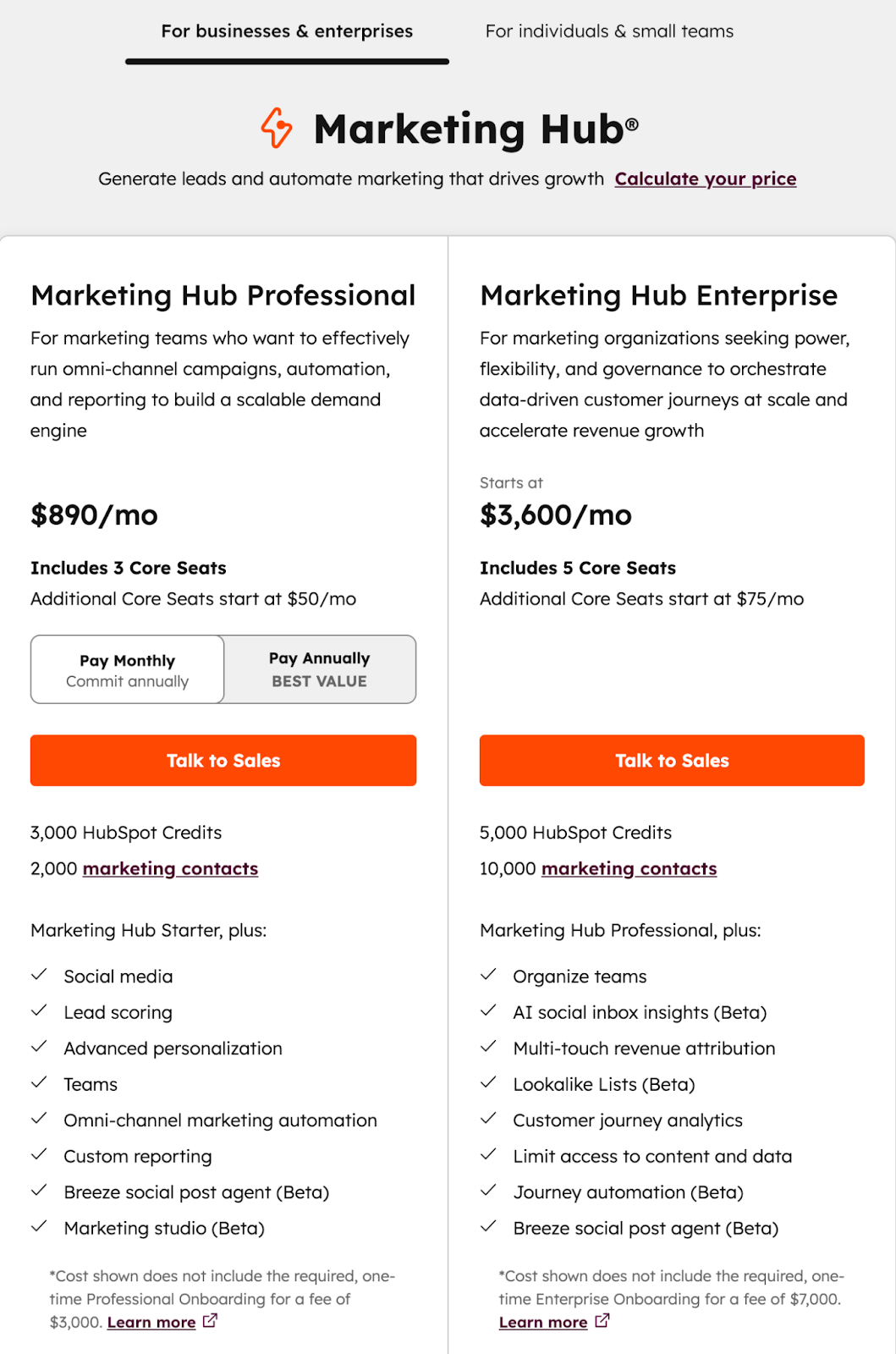 marketing hub pricing chart from HubSpot