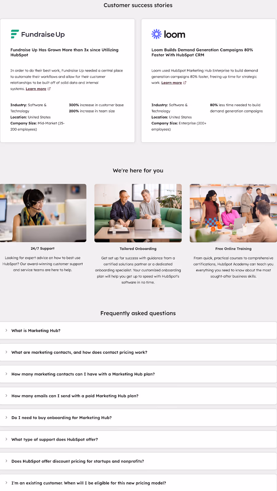 customer success stories on HubSpot's Marketing Hub pricing page