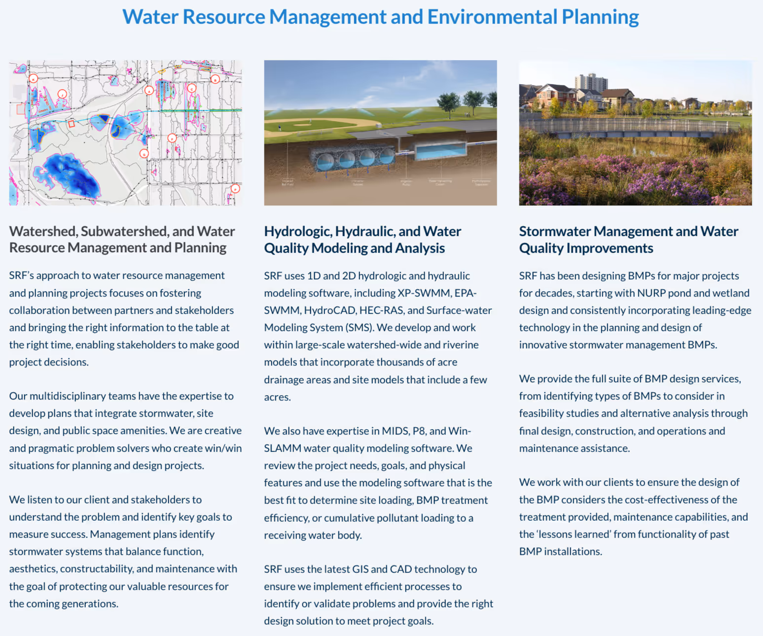 "Water Resource Management and Environmental Planning" section of SRF Consulting's "Water & Environment" page