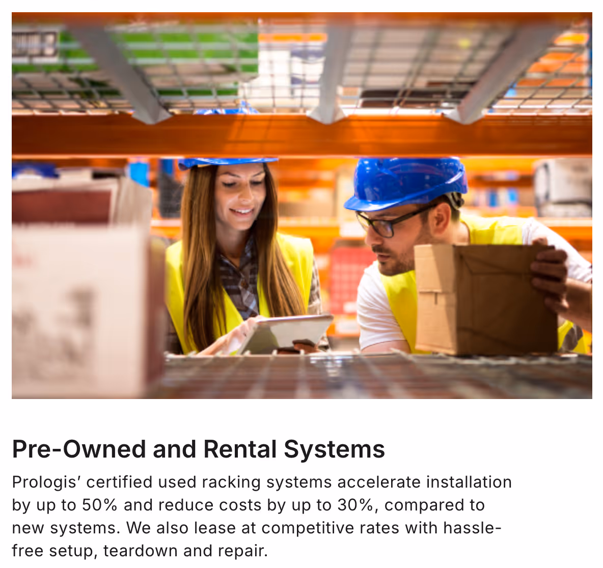 image and statistic about accelerated installation and reduced costs featured on Prologis' "Solutions" page
