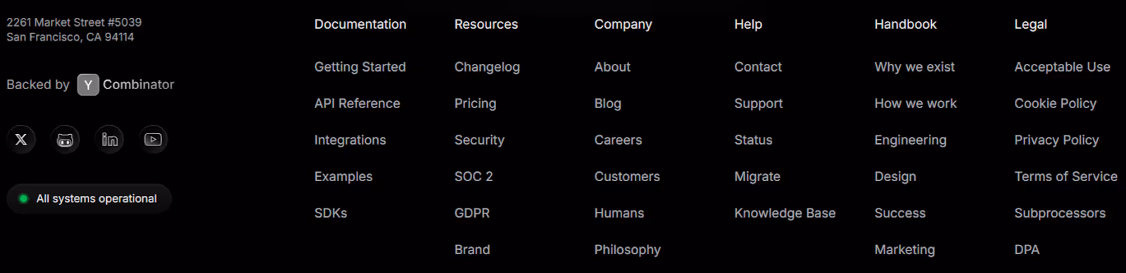 B2B company Resend's well-organized footer menu featuring comprehensive access to all site content