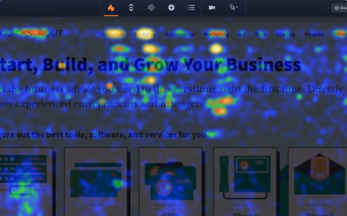 website heatmap overlay tool result for Quick Sprout's homepage and navigation using heatmap software from Crazy Egg