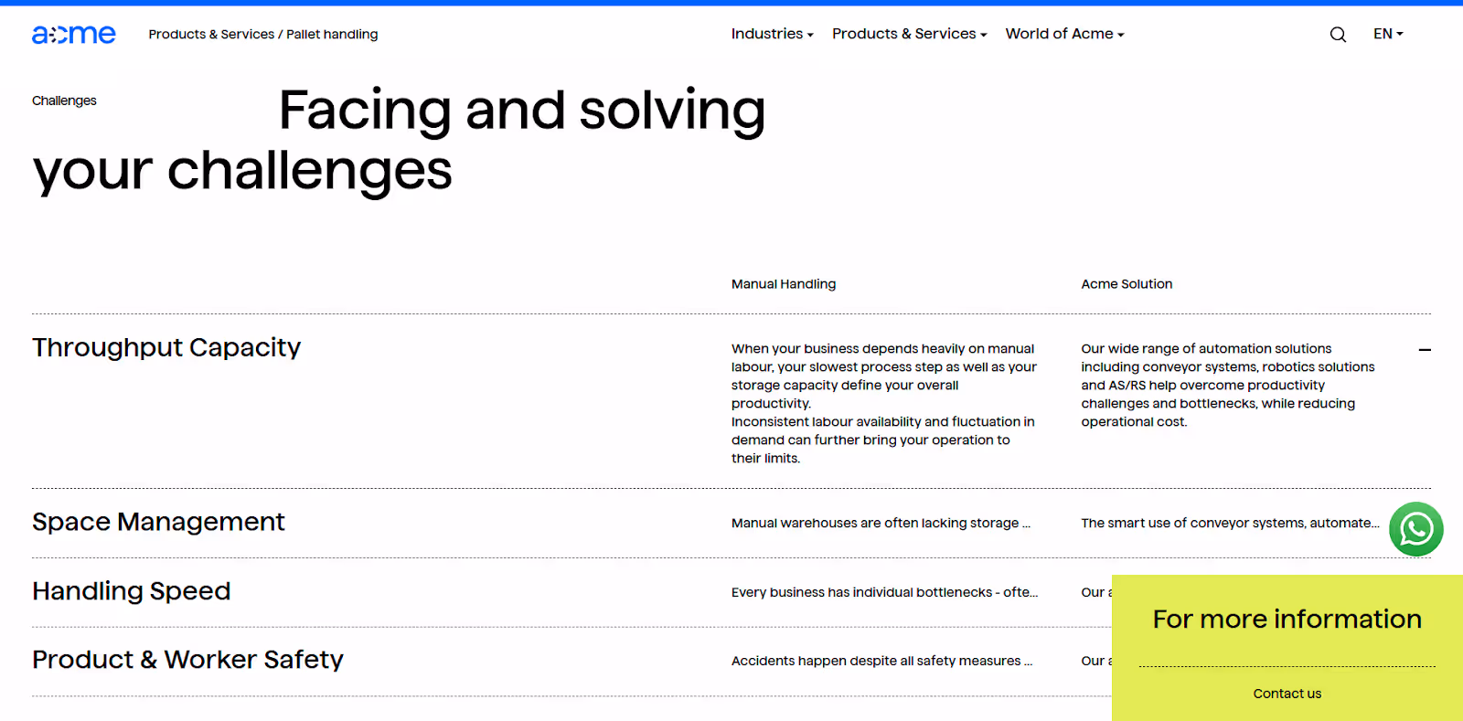 chart identifying common pallet handling problems and solutions on Acme's "Pallet Handling" solutions web page