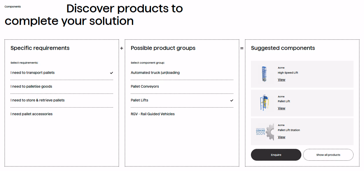 customizable solutions chart featured on Acme's "Pallet Handling" solutions web page
