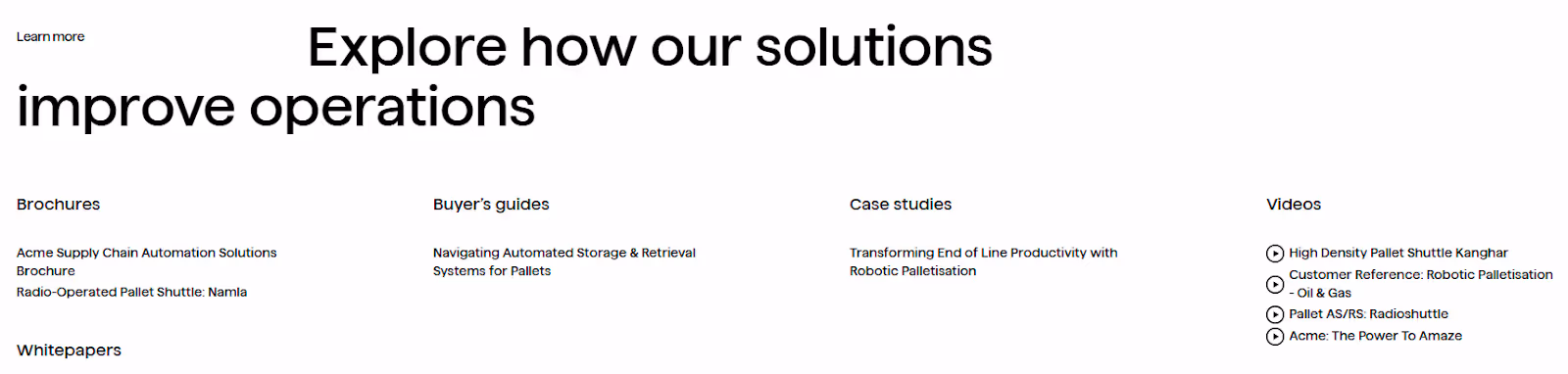 links to trust building content like brochures and case studies at the bottom of Acme's "Pallet Handling" solutions web page