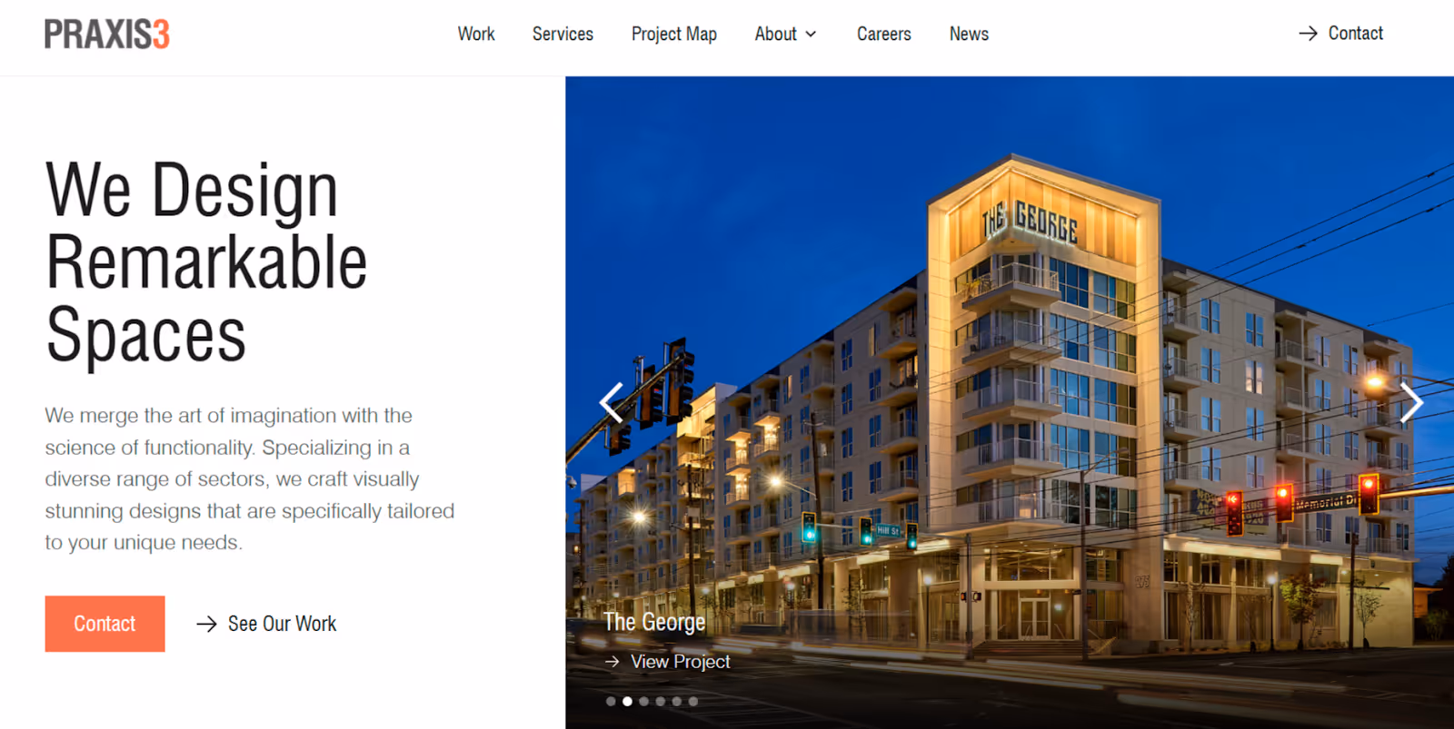 homepage of Atlanta-based design firm PRAXIS3, featuring intuitive navigation and local credibility markers