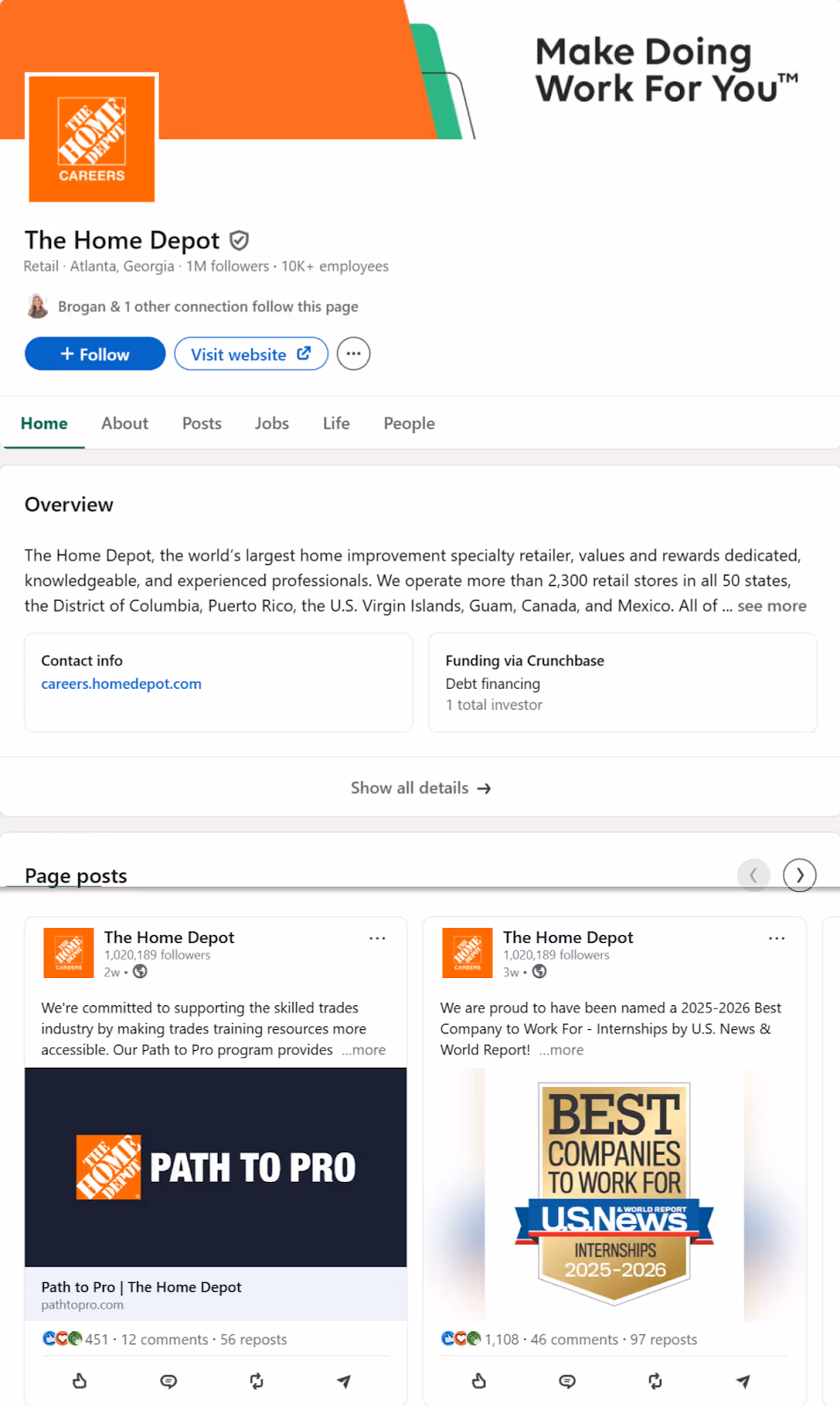 The Home Depot's company page on LinkedIn