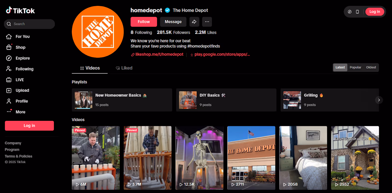 The Home Depot's company page on TikTok