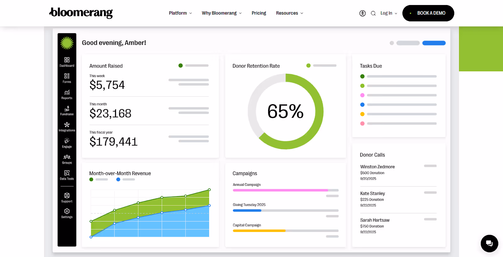 screenshot of a sample nonprofit dashboard using Bloomerang's nonprofit CRM