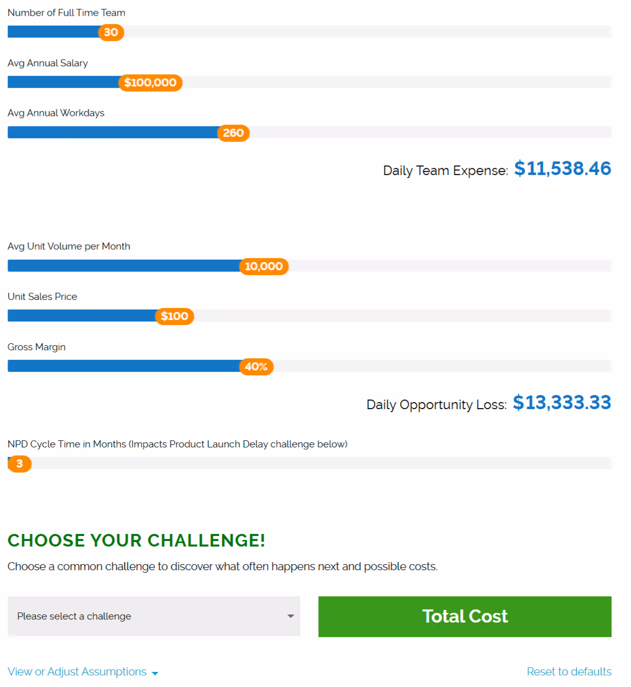 Arena's interactive "cost of mistakes" calculator that shows B2B prospects how much product development mistakes truly cost