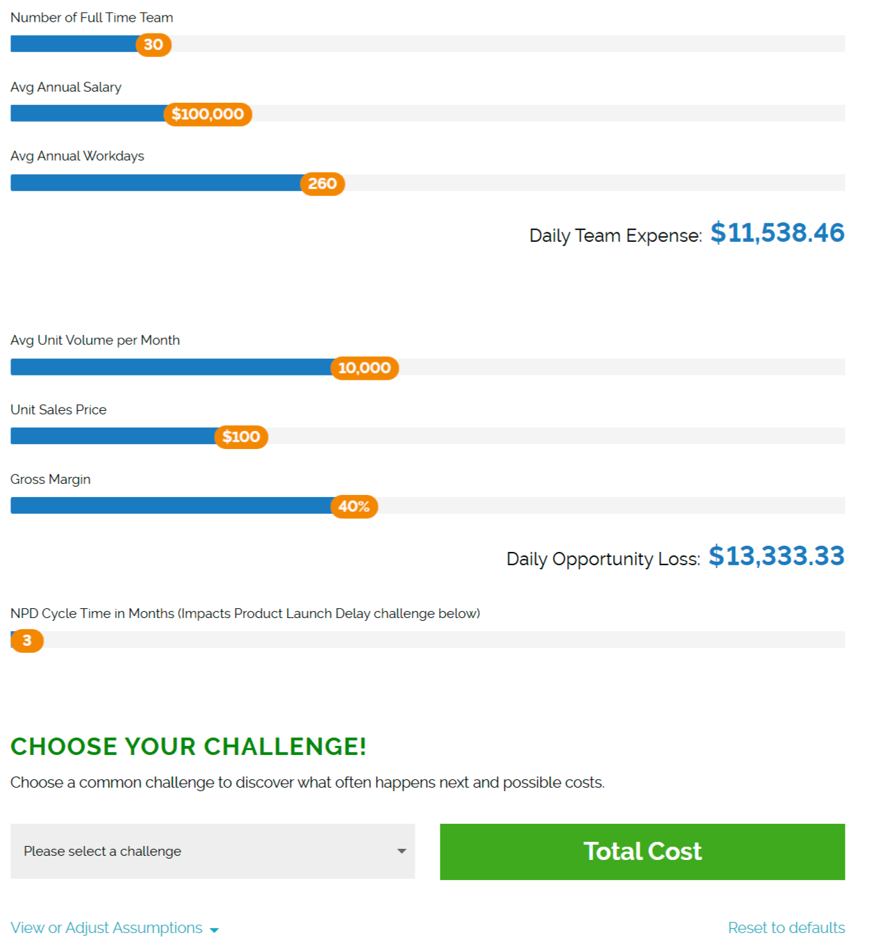 Arena's interactive "cost of mistakes" calculator that shows B2B prospects how much product development mistakes truly cost