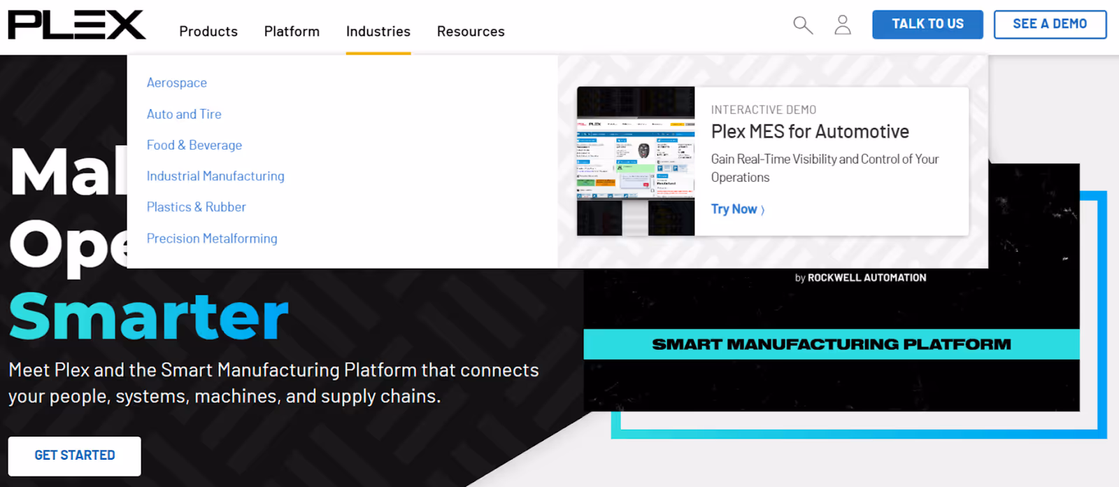 screenshot of B2B smart manufacturing platform Plex's home page showing their expanded "Industries" navigation menu