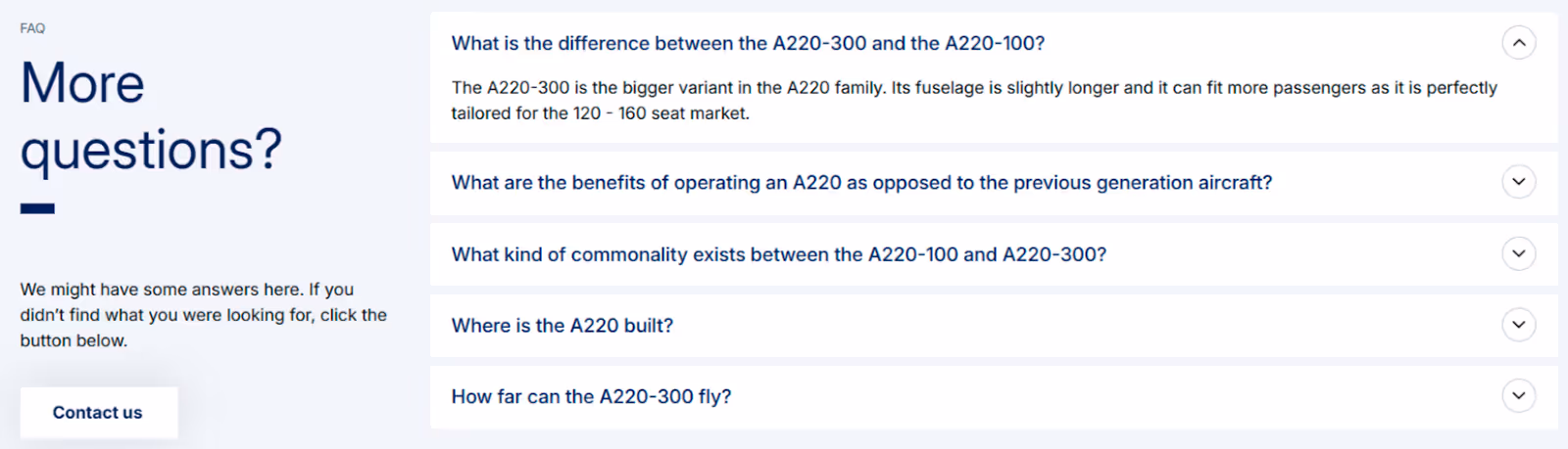 FAQ section of Airbus' "A220-300” web page