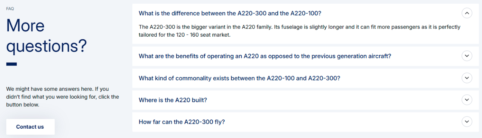 FAQ section of Airbus' "A220-300” web page