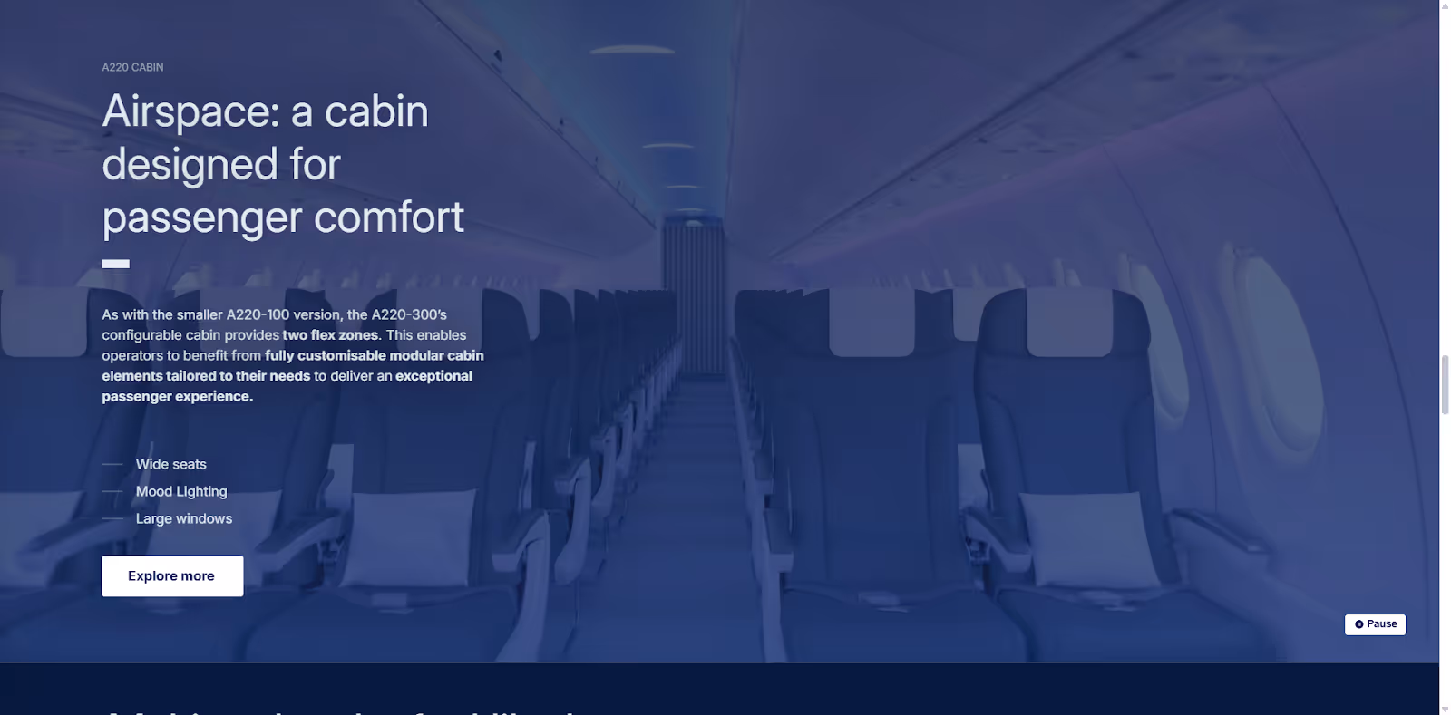 product video on Airbus' "A220-300” web page showing the airplane cabin's seats, lighting, and windows