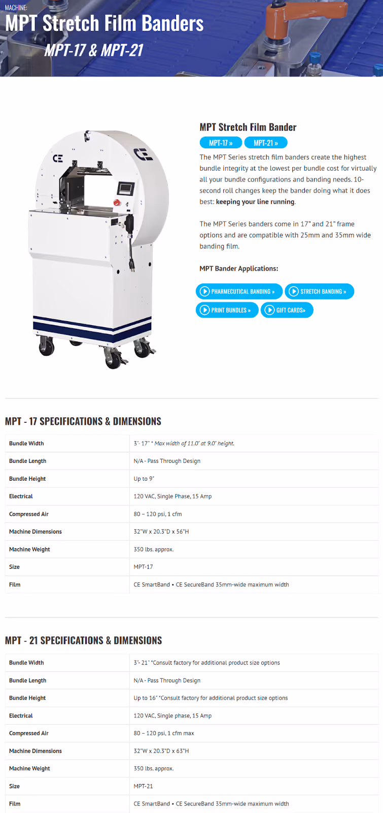 "MPT Stretch Film Banders" page from B2B manufacturer Madison Banders