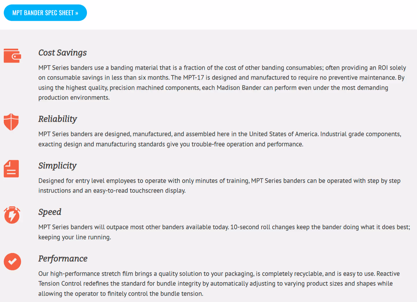 features and benefits list on the "MPT Stretch Film Banders" page from B2B manufacturer Madison Banders