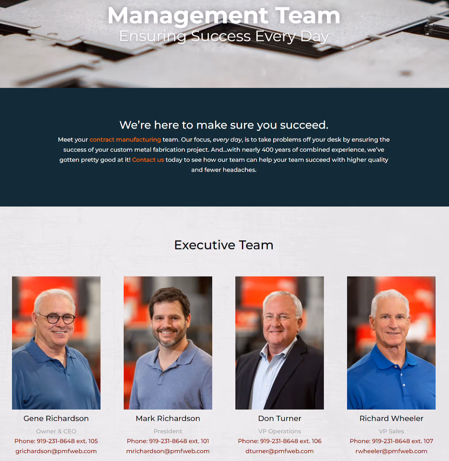 "Management Team" page from B2B manufacturer Precision Machine Fabrication featuring team member photos and roles