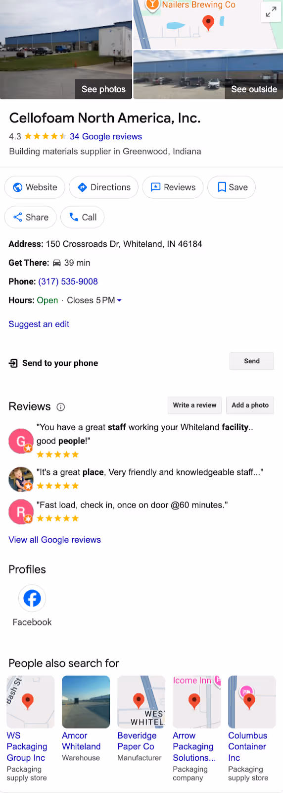 screenshot of B2B manufacturer Cellofoam North America, Inc.'s Google Business Profile