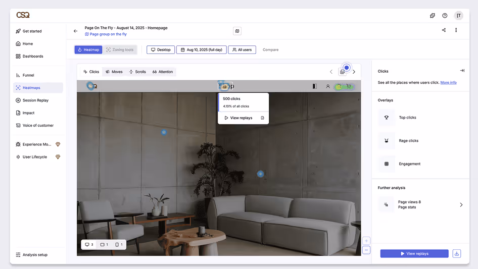screenshot of what Hotjar's heatmap analysis tool looks like in action using CSQ company as an example