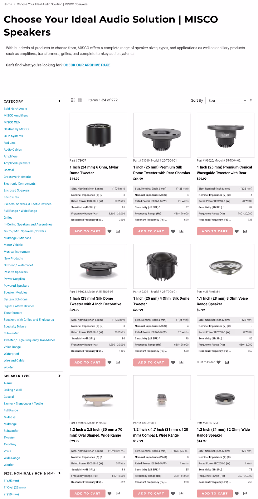 Misco Speakers' product catalog page featuring product categories and sorting for easy filtering