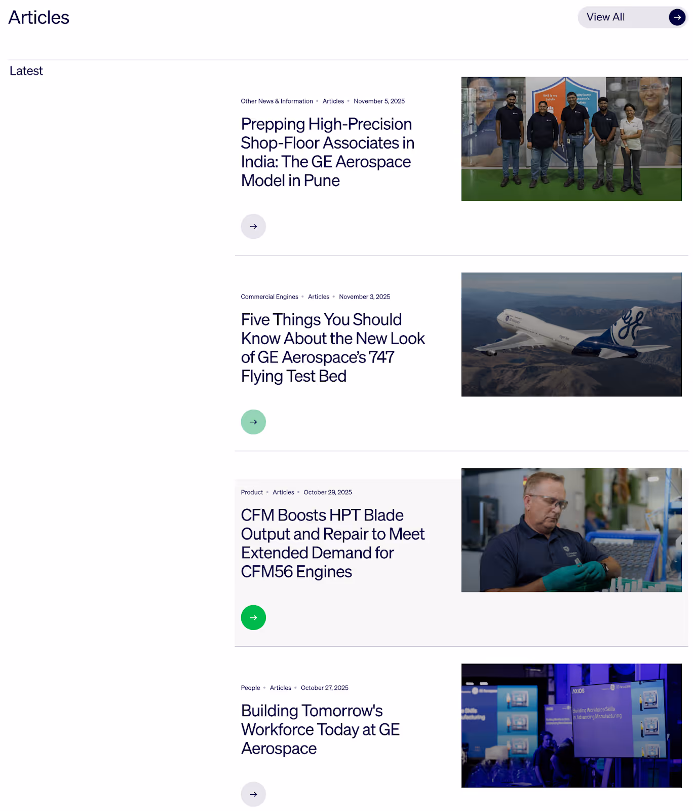 GE Aerospace's "News" page featuring recent articles