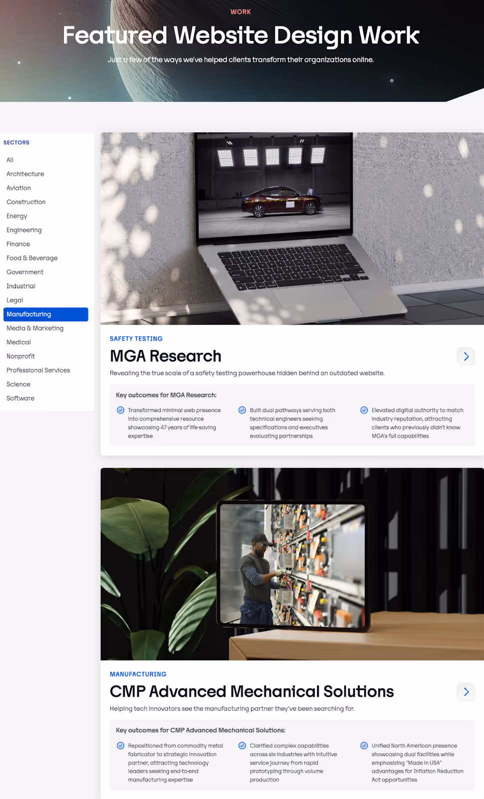 B2B web design company Trajectory's "Featured Website Design Work" web page showing manufacturing clients